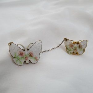 Vintage White Pink Flowers Guilloche Enameled Butterfly Pin Chained Butterflies